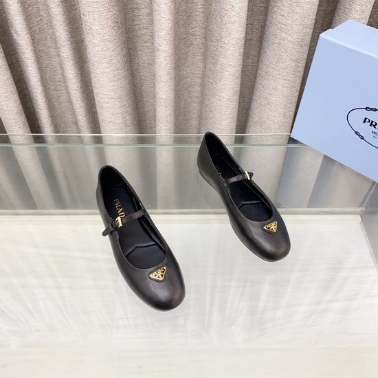 Prada Soft Sheepskin Round Toe Buckle Decor Flat Mary Janes