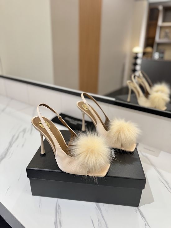 Yves Saint Laurent Mink Fur Decorated Premium Leather High Heel Sandals