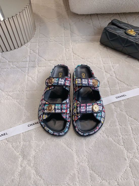 Chanel Premium Tweed Hook-and-loop Strap Sandals Durable Outsole