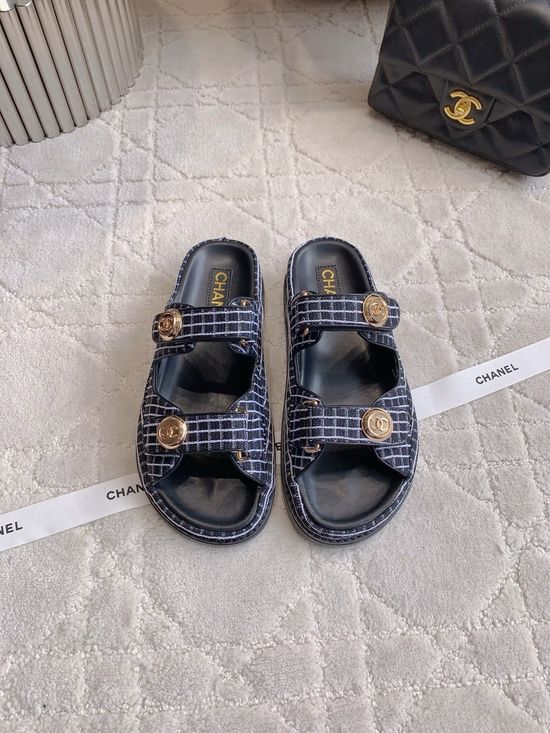 Chanel Premium Tweed Hook-and-loop Strap Sandals Durable Outsole