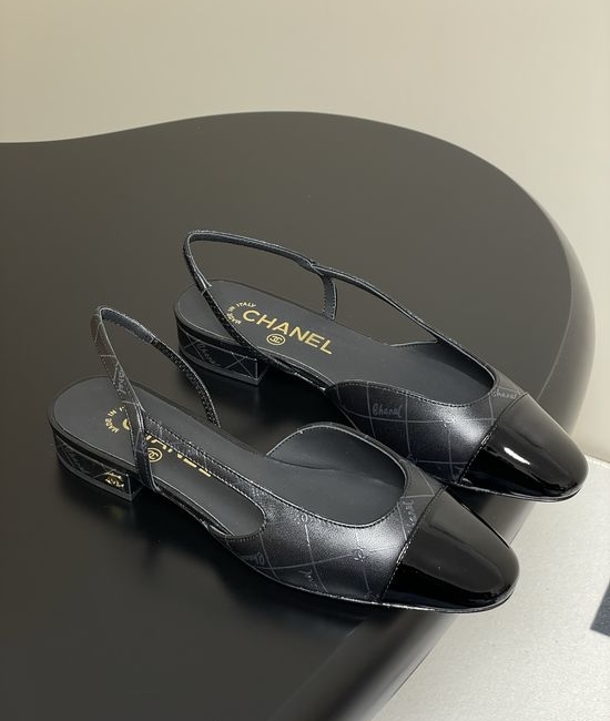 Chanel Epoxy Leather Slingback Sandals Square Toe Elegant Casual Shoes