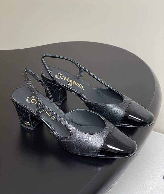 Chanel Epoxy Leather Slingback Sandals Square Toe Elegant Casual Shoes