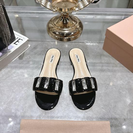 Miu Miu Rhinestone Decor Soft Leather Flat Slide Slippers