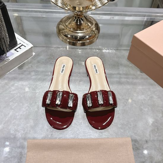 Miu Miu Rhinestone Decor Soft Leather Flat Slide Slippers