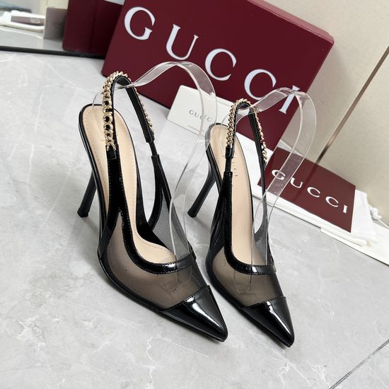 Gucci Mesh Patent Leather Chain Mid Heel Sandals Premium