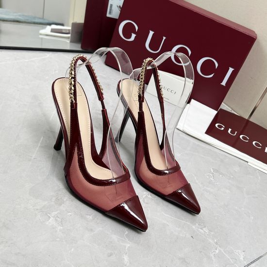 Gucci Mesh Patent Leather Chain Mid Heel Sandals Premium