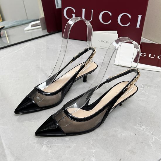 Gucci Mesh Patent Leather Chain Mid Heel Sandals Premium