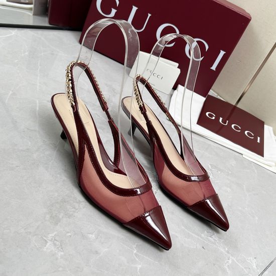Gucci Mesh Patent Leather Chain Mid Heel Sandals Premium