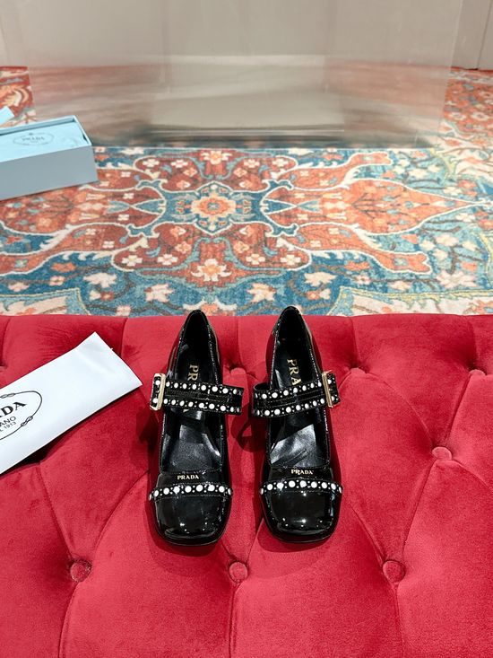 Prada Round Toe Perforated Mary Jane Block Heel Shoes