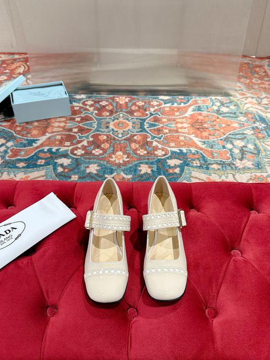 Prada Round Toe Perforated Mary Jane Block Heel Shoes
