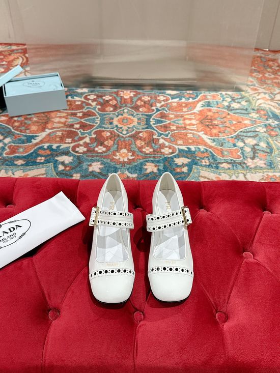 Prada Round Toe Perforated Mary Jane Block Heel Shoes