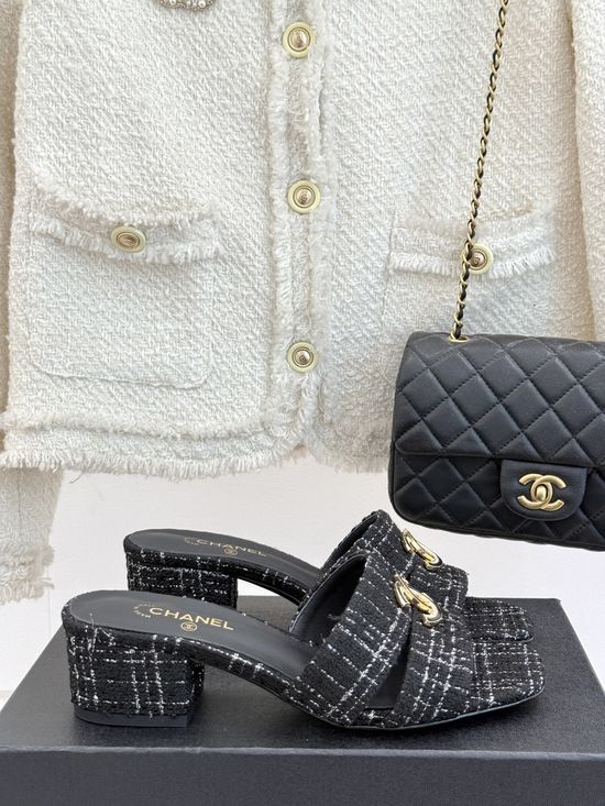 Chanel Elegant Dual Strap Block Heel Slides With Leather Sole