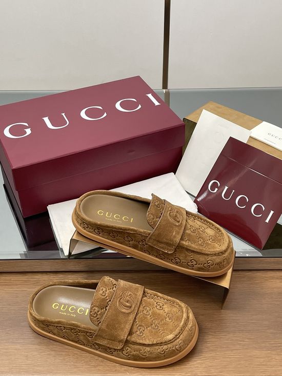 Gucci Embossed Suede Platform Mules Comfortable Non-slip Casual Shoes