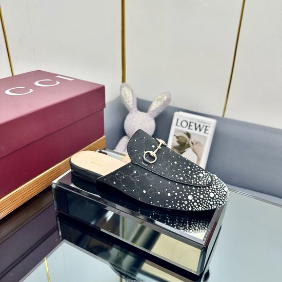 Gucci Rhinestone Embellished Canvas Slip On Loafer Mules