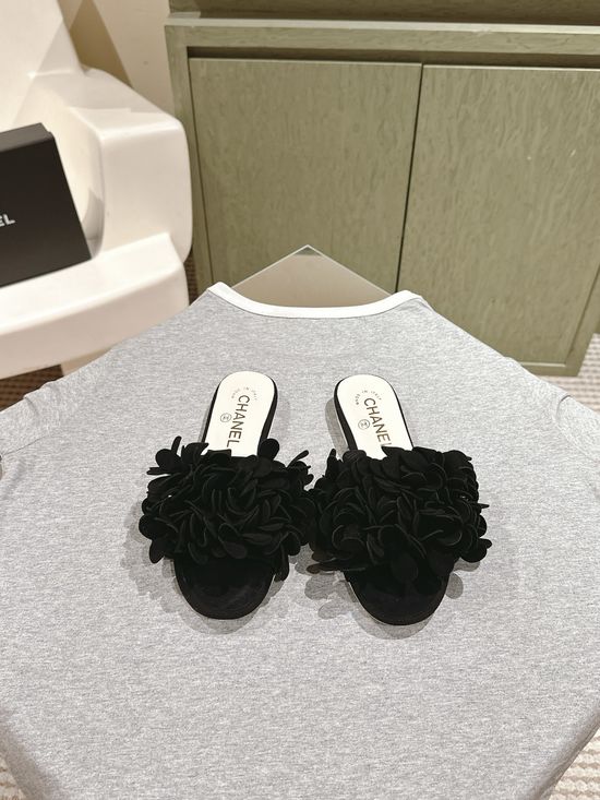 Chanel Floral Decor Leather Comfort Flat Slides