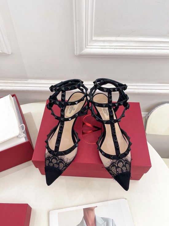 Valentino Three Band Studded Mid Heels with V Buckle Detail