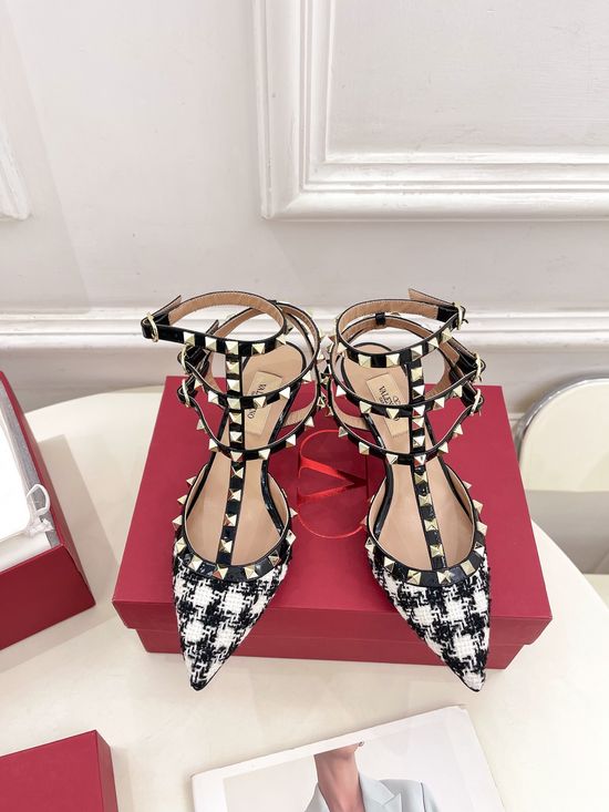 Valentino Three Band Studded Mid Heels with V Buckle Detail