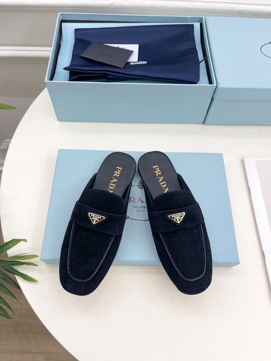 Prada Suede Mules with Metal Emblem Genuine Leather Sole Flat Shoes