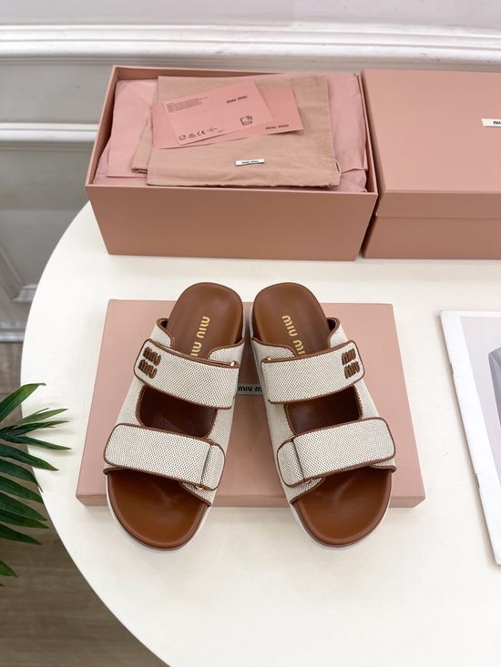 Miu Miu Hook and Loop Beach Slippers with Small Logo Anti-slip Sole