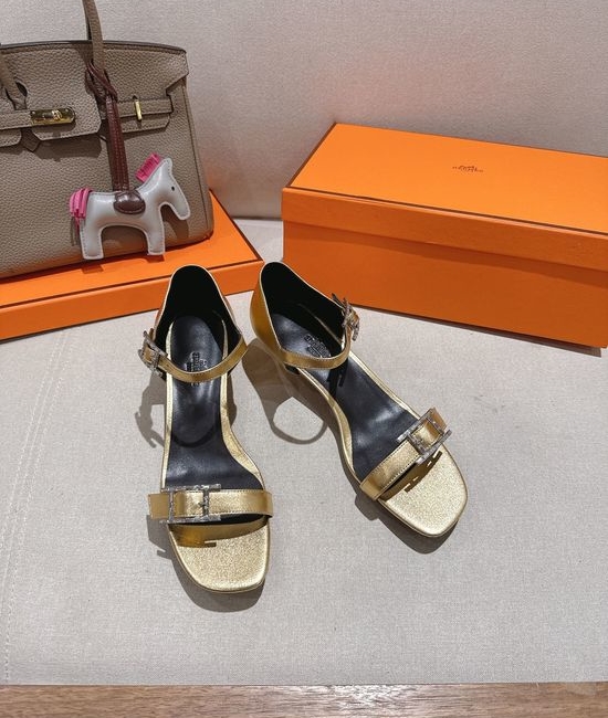 Hermes Classic Buckle Decor Leather High Heel Sandals