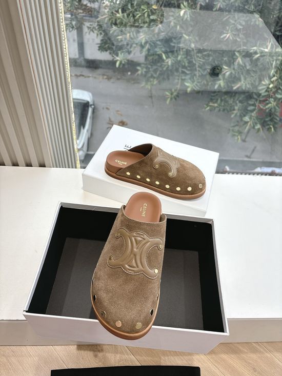 Celine Peep Toe Matte Leather Mule Sandals Retro Flat Casual Slip On Shoes