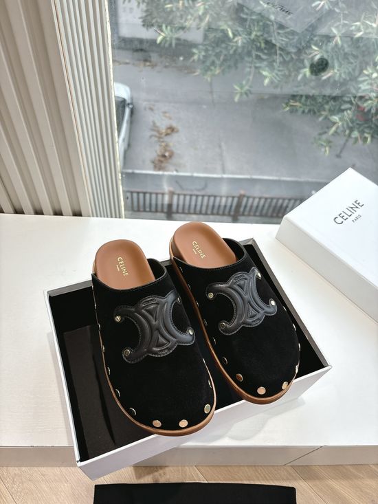Celine Peep Toe Matte Leather Mule Sandals Retro Flat Casual Slip On Shoes