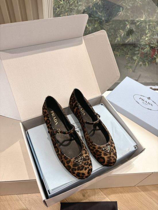 Prada Leopard Print Ballet Flats with Metal Triangle Logo