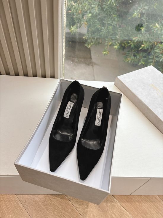 Jimmy Choo Sheepskin Pointed Toe Heels with Adjustable Flower Design