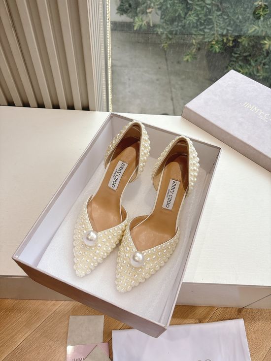 Jimmy Choo Handmade Platform Pearl Heels with Customizable Flower Details