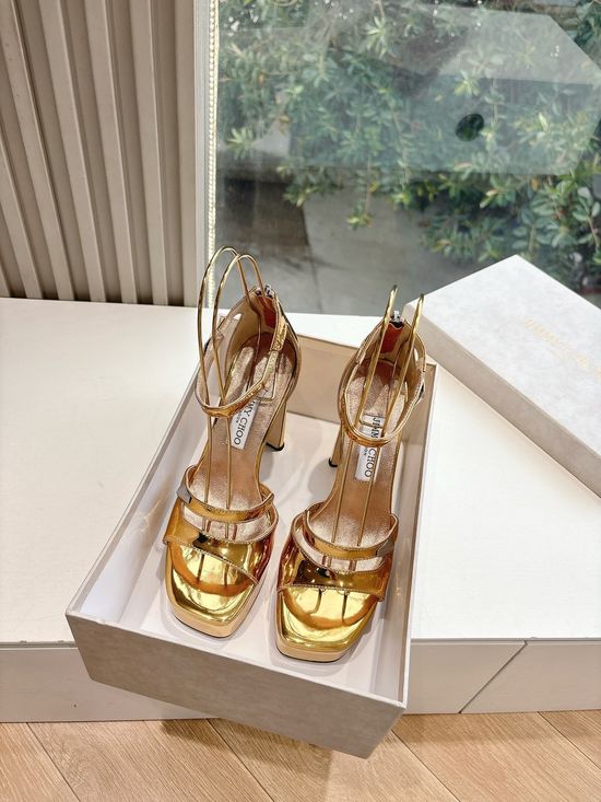 Jimmy Choo Elegant Patent Leather Platform Heels with Adjustable Floral Detail