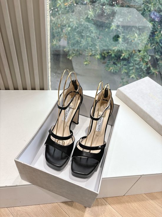 Jimmy Choo Elegant Patent Leather Platform Heels with Adjustable Floral Detail