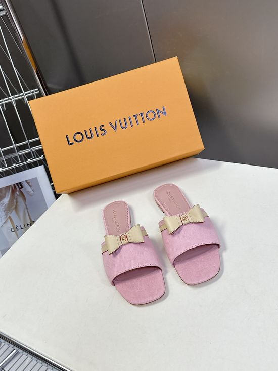 Louis Vuitton Bow Decor Leather Slippers With Metal Logo Accent