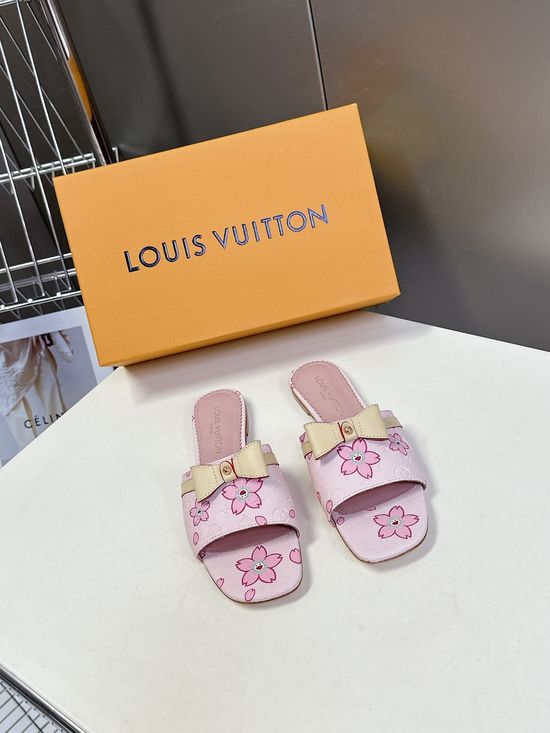 Louis Vuitton Bow Decor Leather Slippers With Metal Logo Accent