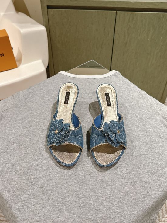 Louis Vuitton Classic Denim Low Heel Slides Comfortable Casual Footwear