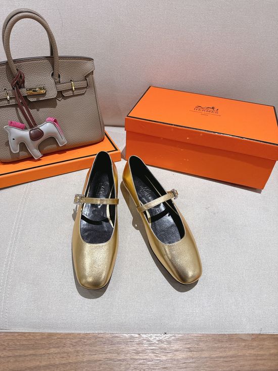 Hermes Minimalist Buckle Decor Leather Flat Ballet Shoes