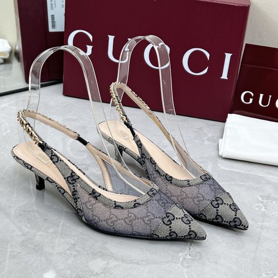 Gucci Fabric Mesh Chain Mid Heel Sandals Elegant Shoes