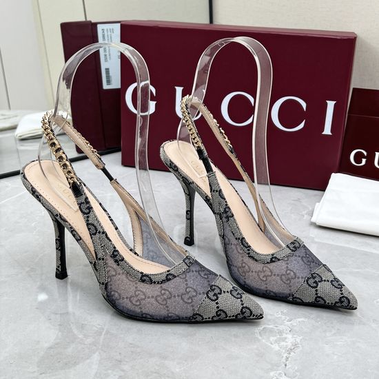 Gucci Fabric Mesh Chain Mid Heel Sandals Elegant Shoes