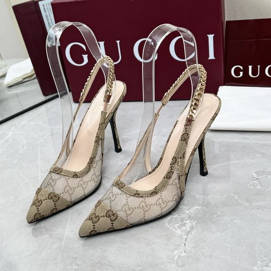 Gucci Fabric Mesh Chain Mid Heel Sandals Elegant Shoes