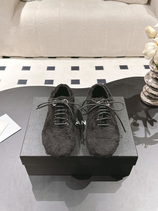 Chanel Fuzzy Lace-up Loafer Shoes Soft Lined Non-slip Casual Footwear