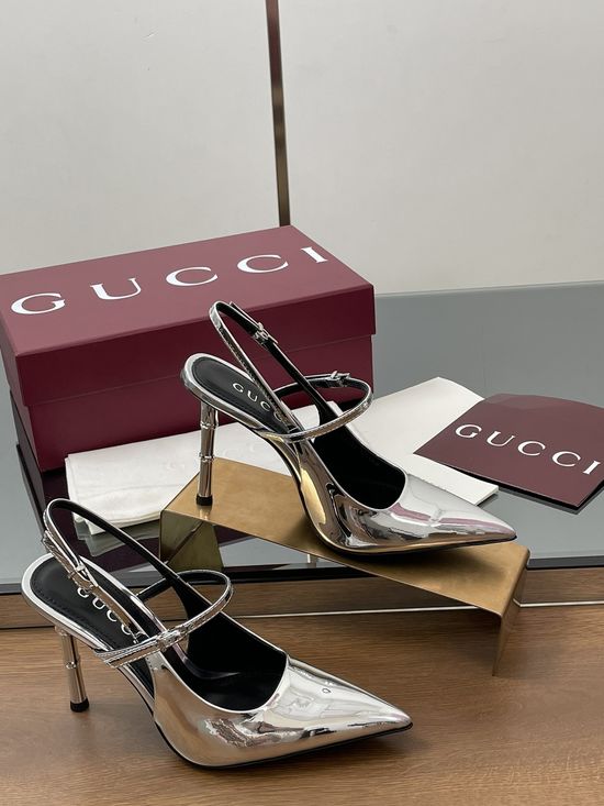 Gucci Metallic Leather Pointed Toe Bamboo Heel Sandals