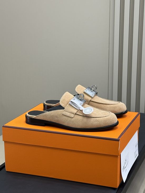 Hermes Wide Buckle Mules Casual Versatile Genuine Leather Shoes
