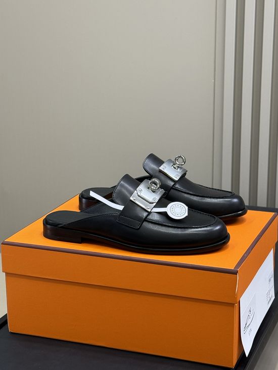 Hermes Wide Buckle Mules Casual Versatile Genuine Leather Shoes