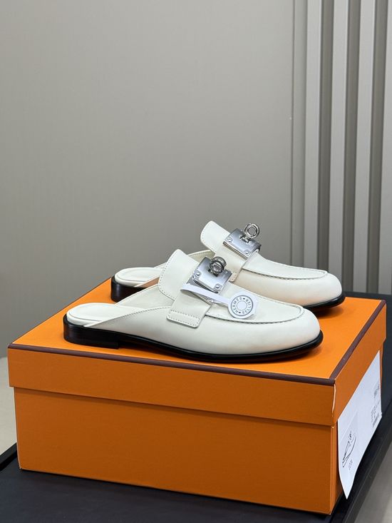 Hermes Wide Buckle Mules Casual Versatile Genuine Leather Shoes