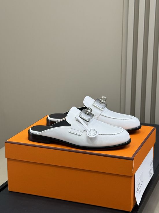 Hermes Wide Buckle Mules Casual Versatile Genuine Leather Shoes