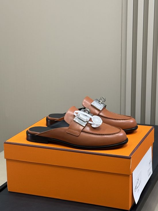 Hermes Wide Buckle Mules Casual Versatile Genuine Leather Shoes