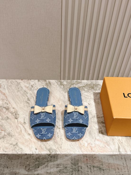 Louis Vuitton Denim Accent Flat Genuine Leather Slide Sandals