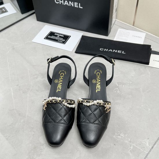 Chanel Quilted Pearl Chain Chunky Heel Comfortable Sandals