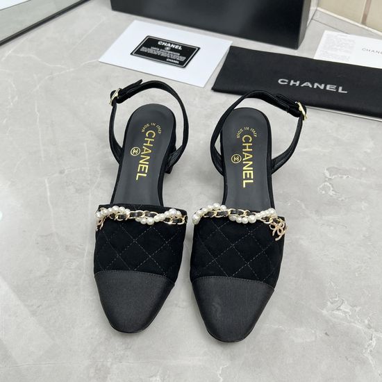 Chanel Quilted Pearl Chain Chunky Heel Comfortable Sandals