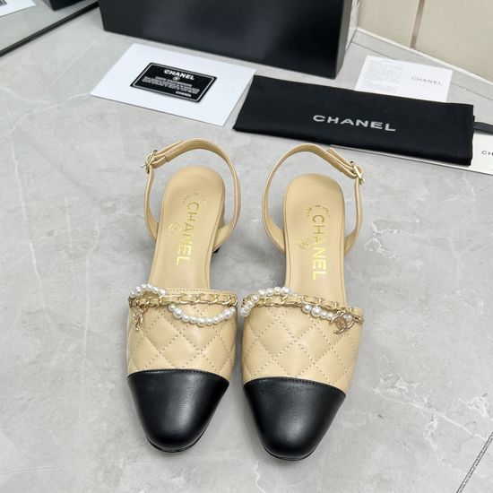 Chanel Quilted Pearl Chain Chunky Heel Comfortable Sandals