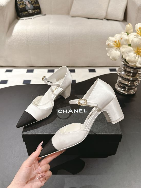 Chanel Elegant Satin Pointed Toe Chunky Heel Mary Jane Sandals